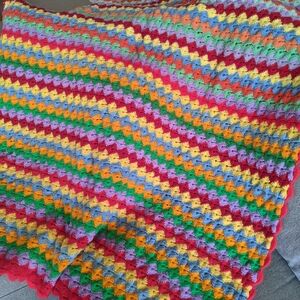 Vintage Striped Rainbow Hand Knit Crochet Blanket Throw Afghan Colorful 53×54"